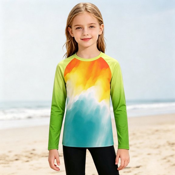 Hauaitttt Print Kids Rash Guard Long Sleeve Swimsuit with Gradient Color for Girls – Playful Sun Top for Outdoor Swimwear and Swim Classes Girl Tops 2t Girl Ruffle Top Girls Athletic Girls Size 16