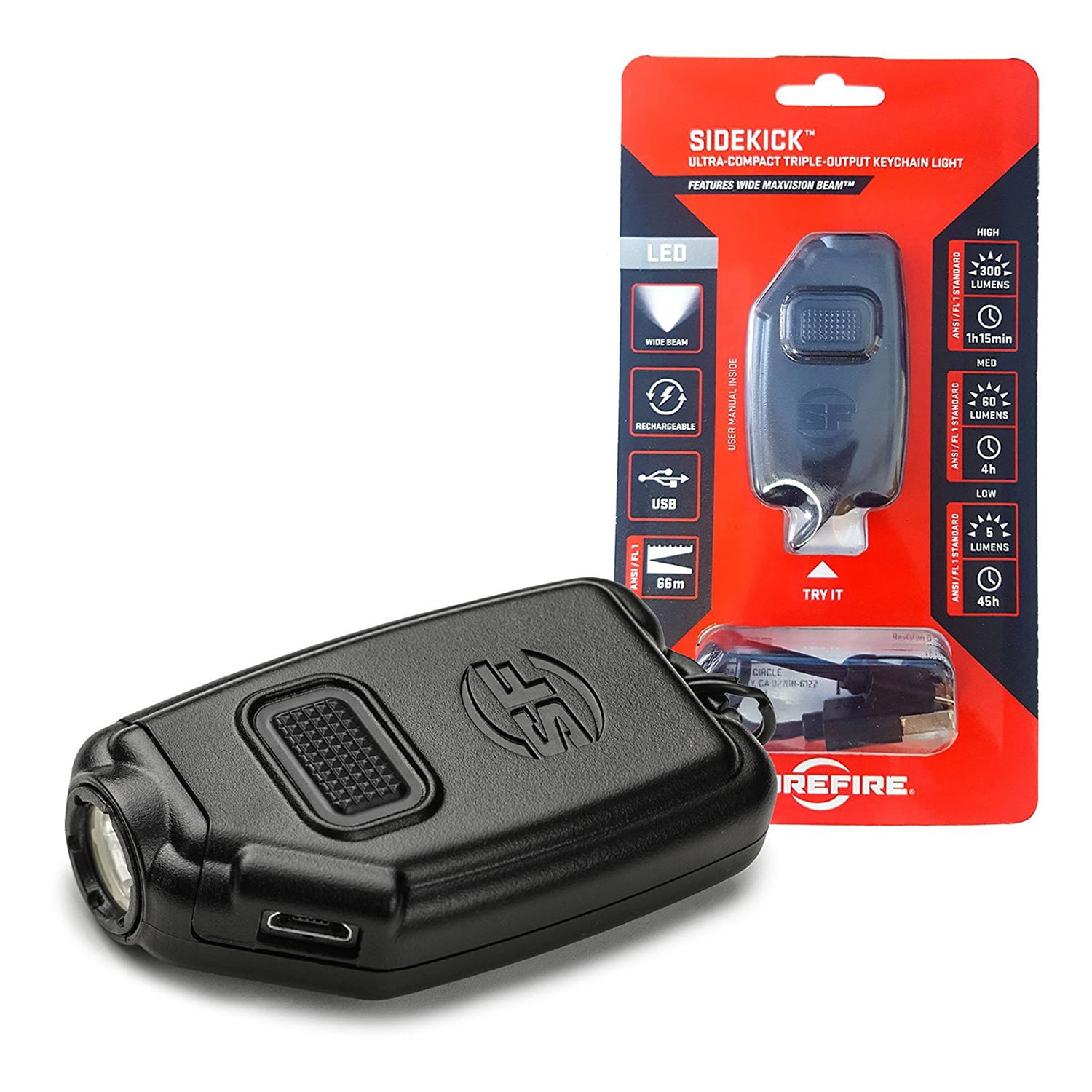 SureFire Sidekick 300 Lumen Rechargeable LED Keychain Flashlight Bundle with USB Car and Wall Adaptors 