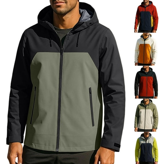 RYDCOT Men's Color Block Lightweight Windbreaker Jacket Casual Zip up Windproof and Waterproof Jackets with Hooded Outerwear Jackets Wine