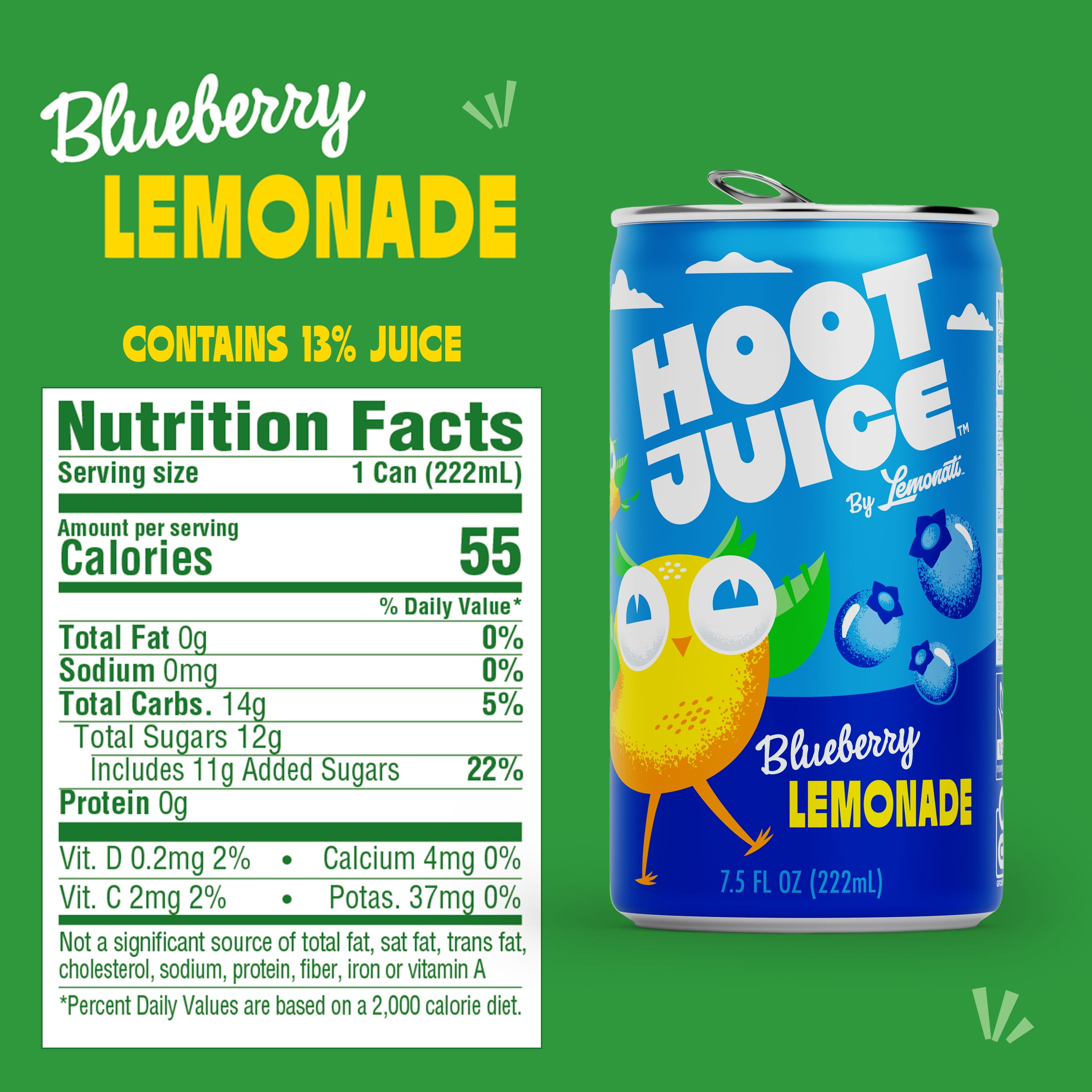 Hoot Juice Blueberry Lemonade, Low Calorie, Low Sugar, Crisp, 24 pack, 7.5 fl oz cans