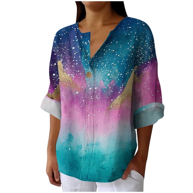 Vestidos Casuales Para Mujer, Blusas De Mujer De Moda Camisa de lino sintético para mujer, de manga larga, con botones y cuello en V, estilo moderno y holgado.