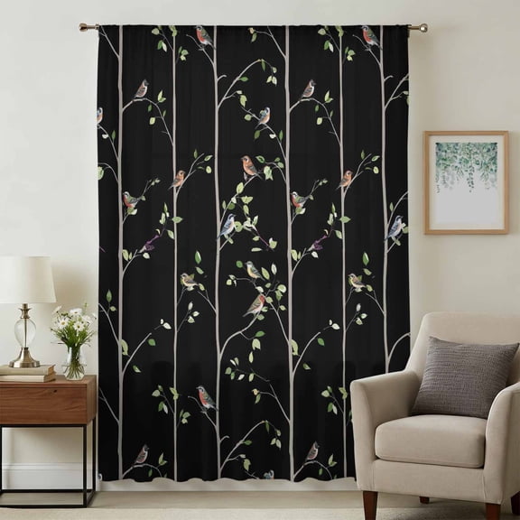 Sparrow Sheer Curtains 72 Inches Long, Spring Birds on The Branches Vintage Country Black Light Filering Curtains, Breathable Simi Curtain Privacy Drapes for Living Room Bedroom Window Treatment