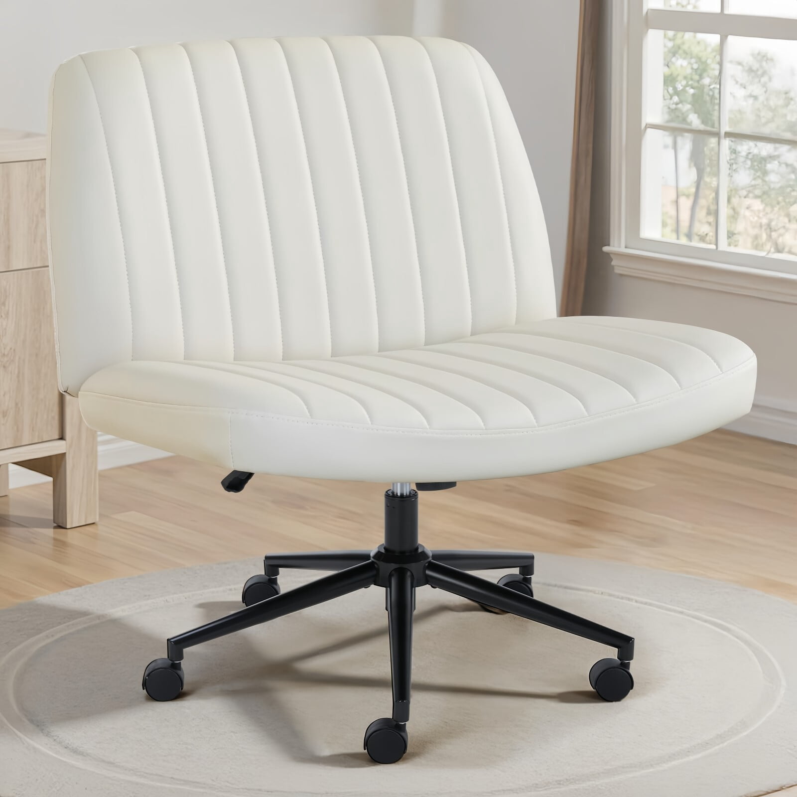 Kelno Armless Criss Cross Office Chair with Wheels 300lb Capacity Wide Seat Cross Legged Desk Chair Height Adjustable Swivel Vanity Chair, Beige PU