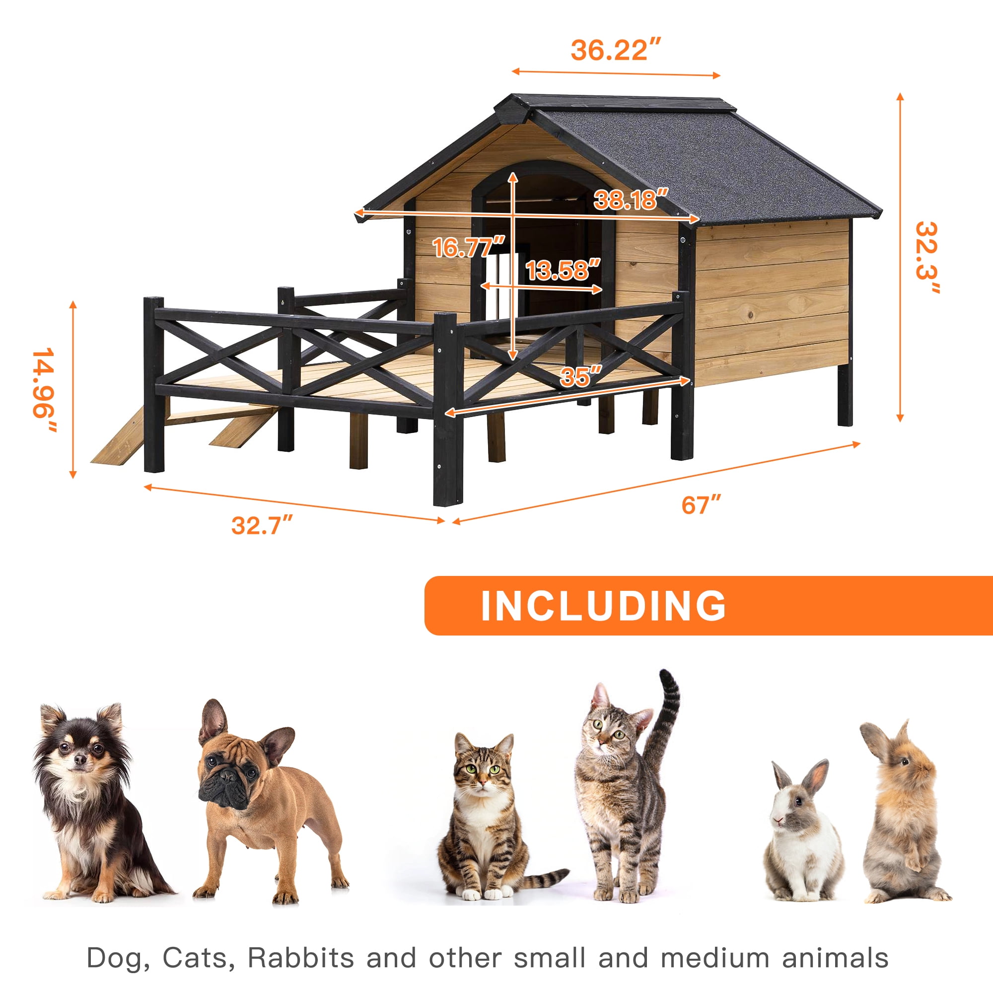 Pefilos 66" Large Dog House for Outdoor, Wooden Dog Kennel with Porch for Indoor Pet Living, Beige