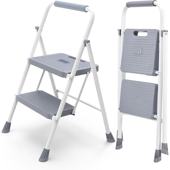 UniVerse Step Ladder, 2 Step Stool Foldable with Anti-Slip Pedal & Comfortable Handrail, 800lbs Capacity Sturdy Steel Ladder, Portable Heavy Duty Step Stool for Kitchen, Garage & Outdoor Use, Grey