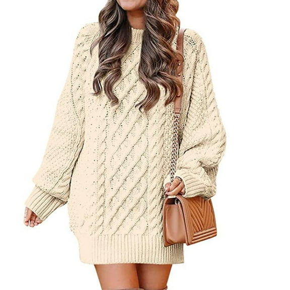 gakvbuo And Winter Women Casaul Solid Sleeve Knitting Round Neck Pullover Sweater Dresses