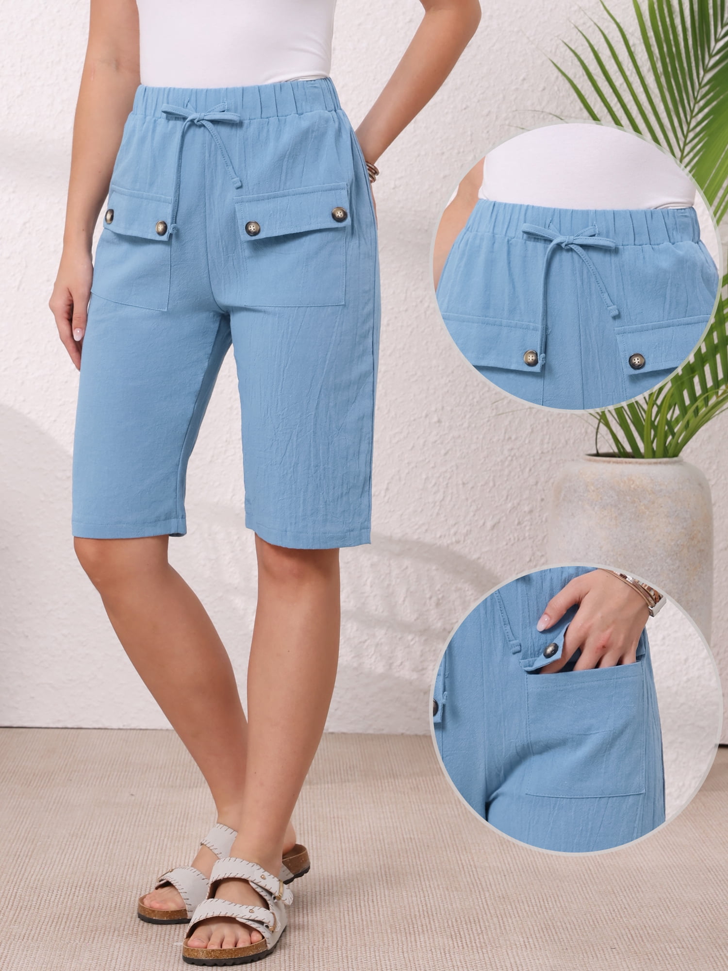 DARING DIVA Women's Elastic Waist Drawstring Shorts with Pockets Large Blue