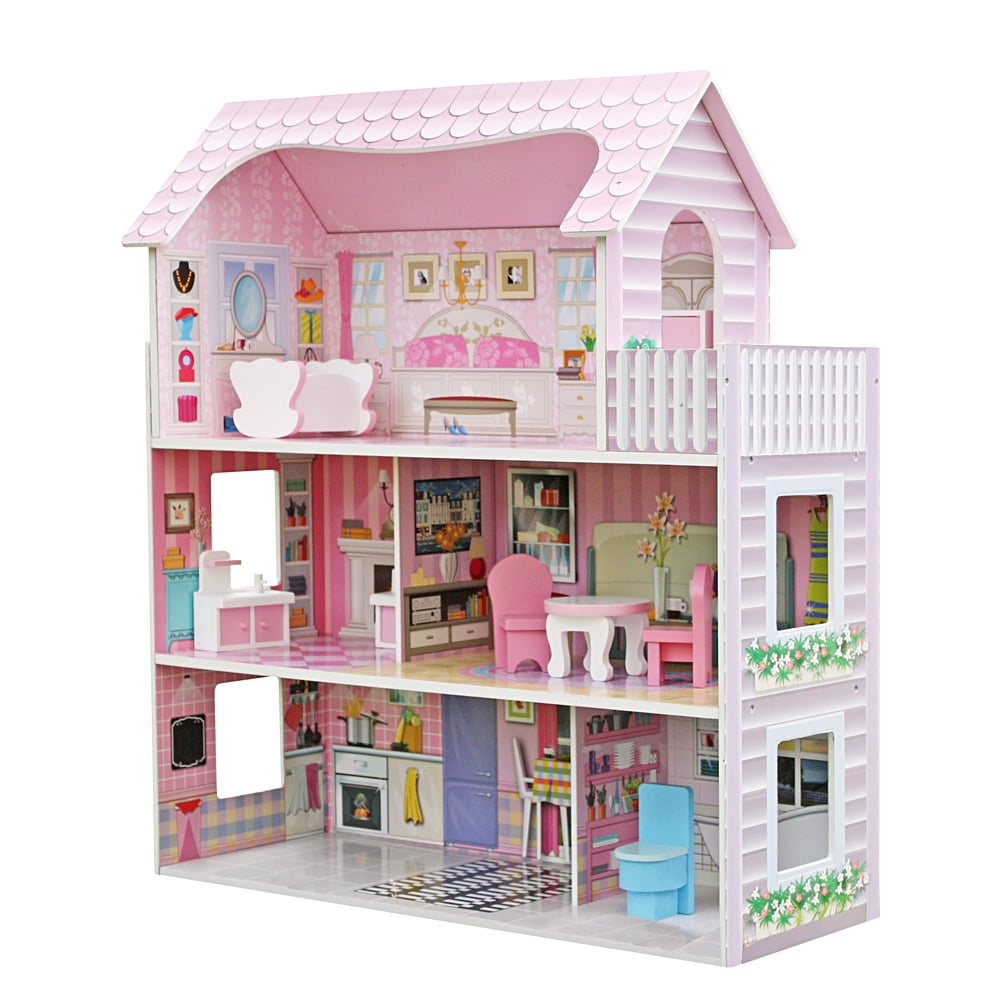 Clearance! Wooden Dollhouse with 8 