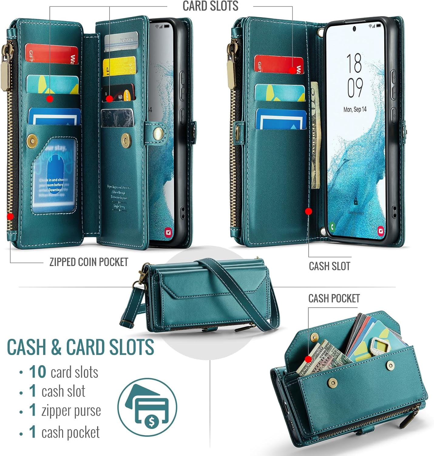 Phone Case for Samsung Galaxy S22 Plus S22+ 5G Zipper Wallet Cover with Tempered Glass Screen Protector and Flip RFID Blocking Card Holder Cell S22+5G S22plus 22S + S 22 22+ Women Girls Green
