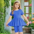 thumbnail image 4 of ZACPNCV Girls Summer Outfits Short Sleeve Ruffle Hem Top and Biker Shorts Set Girl Clothes Blue 5-6 Years, 4 of 9