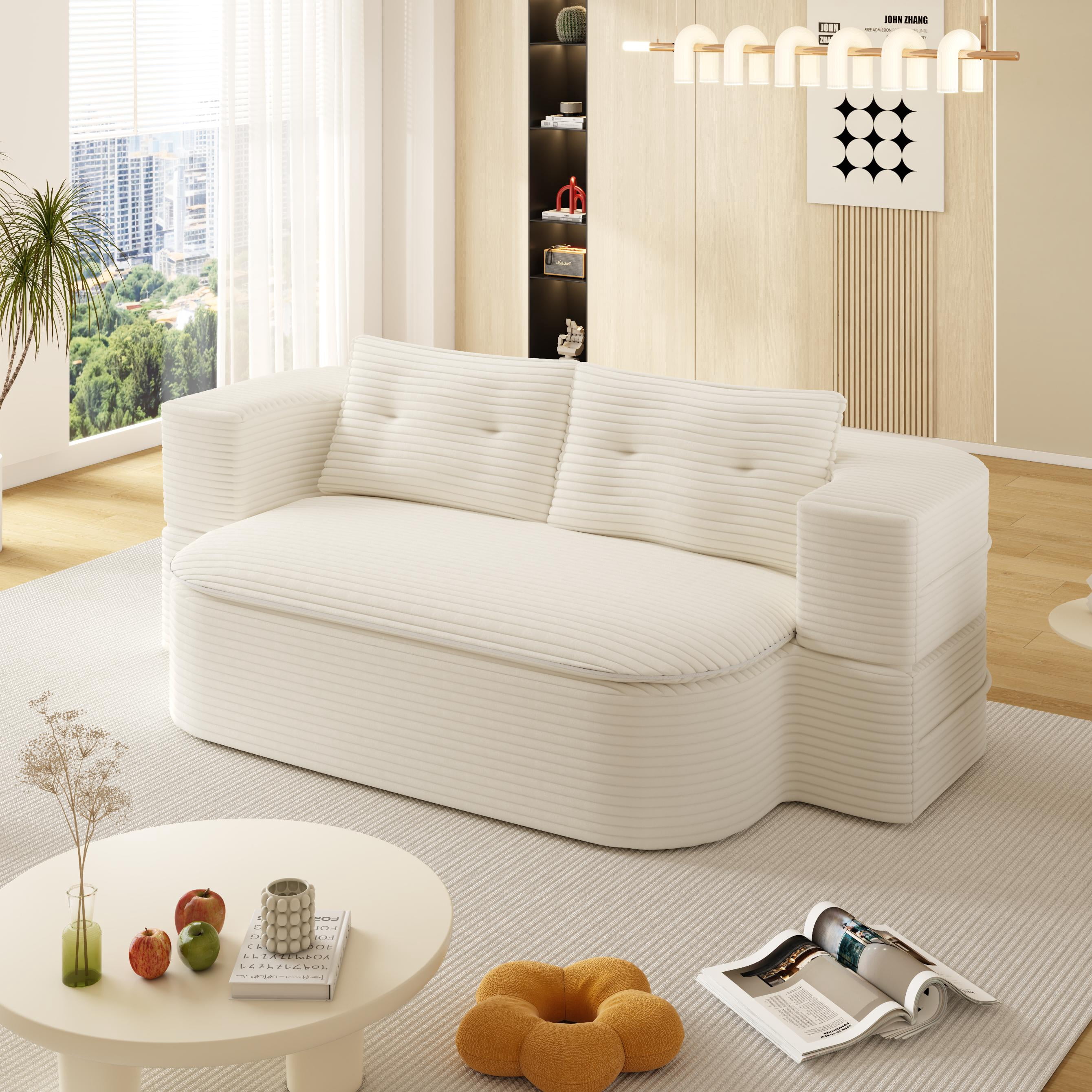 NeoKo 78" Full Size Floor Sofa, Folding Queen Sleeper Couch, Futon Loveseat Sofa, Corduroy Boneless Loveseat Couch, Fold Mattress Bed for Living Room, Guest Use, Office, Apartment, Beige