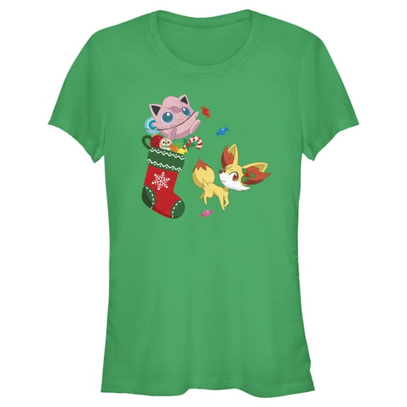 Junior's Pokemon Christmas Jigglypuff and Fennekin Stocking Graphic Tee Kelly Green Small