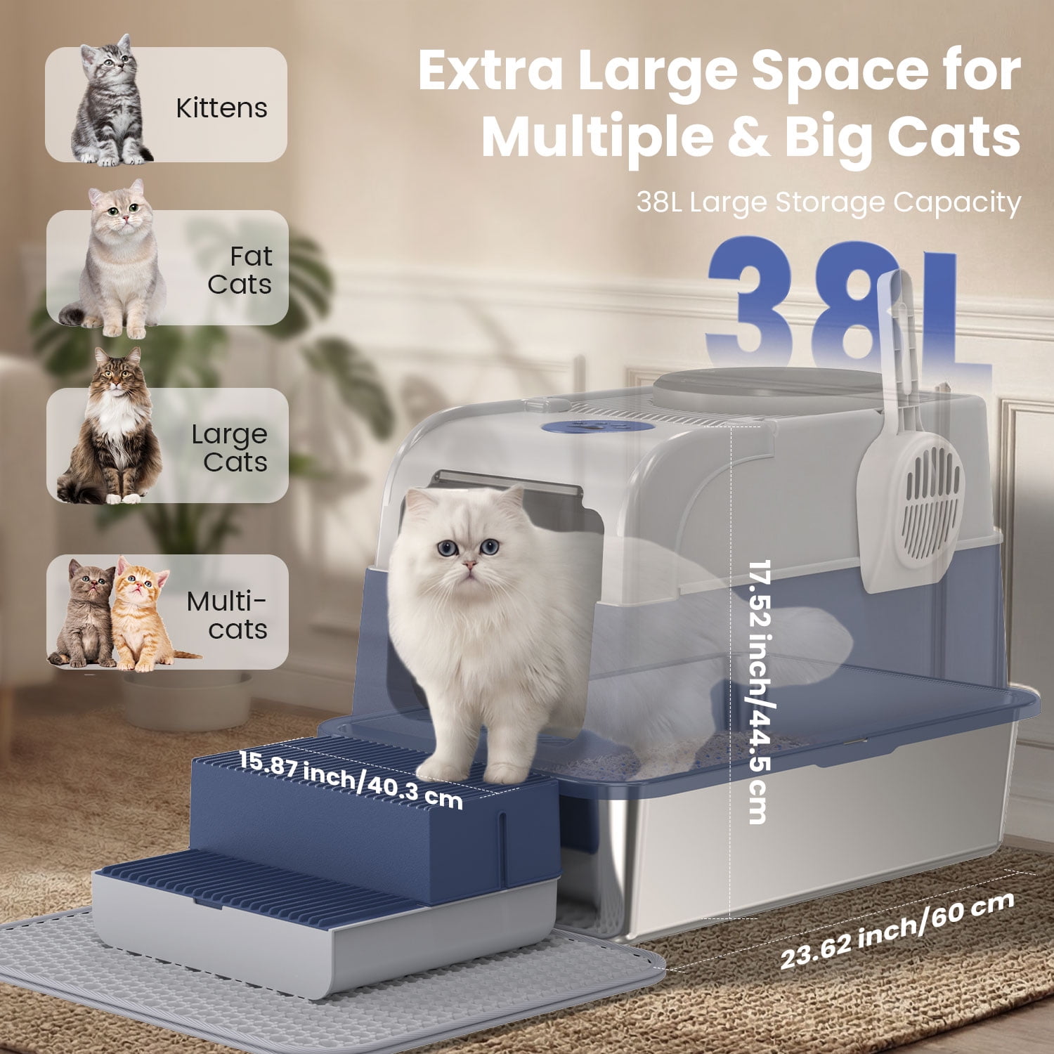 Dlopede 304 Stainless Steel Cat Litter Box with Lid, Easy Clean Top Entry Litter Box Extra Large Metal Cat Toilet