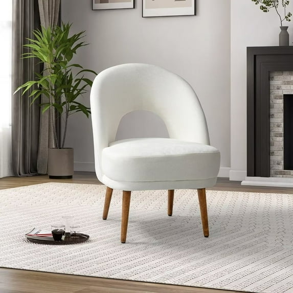 Accent Chair,Modern Side Chair with Hollowed Back and Wooden Legs,Comfy Reading Chair Single Accent Chair for Living Roon Bedroom Office,White