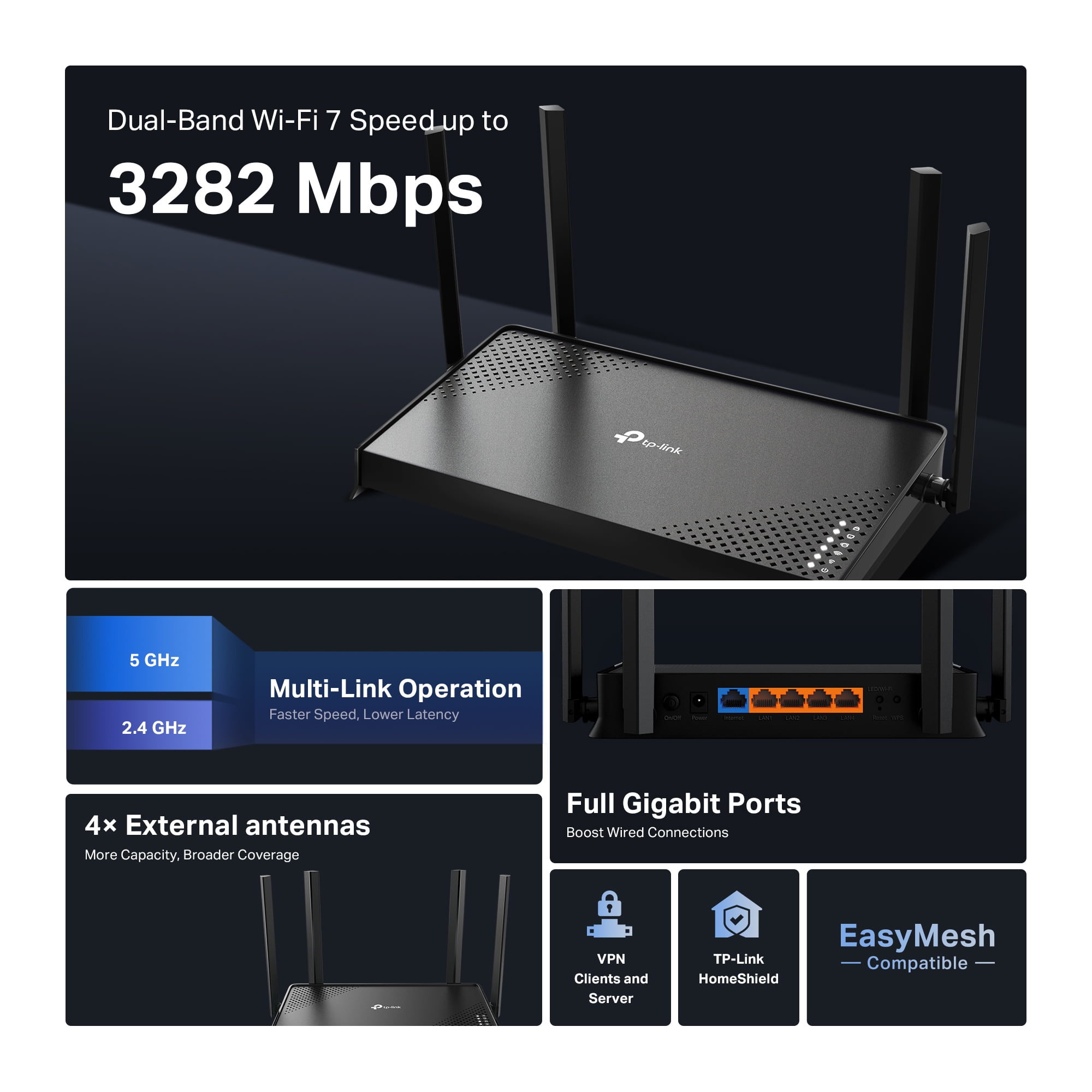 TP-Link Dual-band BE3200 Wi-Fi 7 Router with dual Gigabit Ports, 4x External Antennas, Parental Controls, and Homeshield.