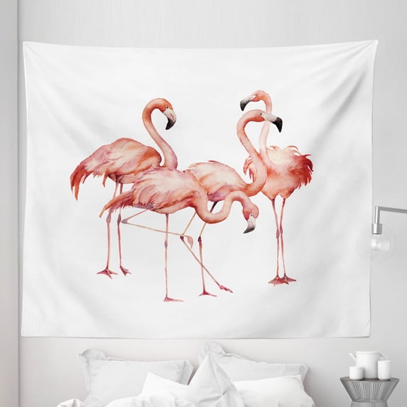 Watercolor Tapestry, Exotic Bird Painting Print of Tropical Flamingos on Plain Backdrop, Fabric Wall Hanging Decor for Bedroom Living Room Dorm, 5 Sizes, Burnt Sienna and Salmon, by Ambesonne