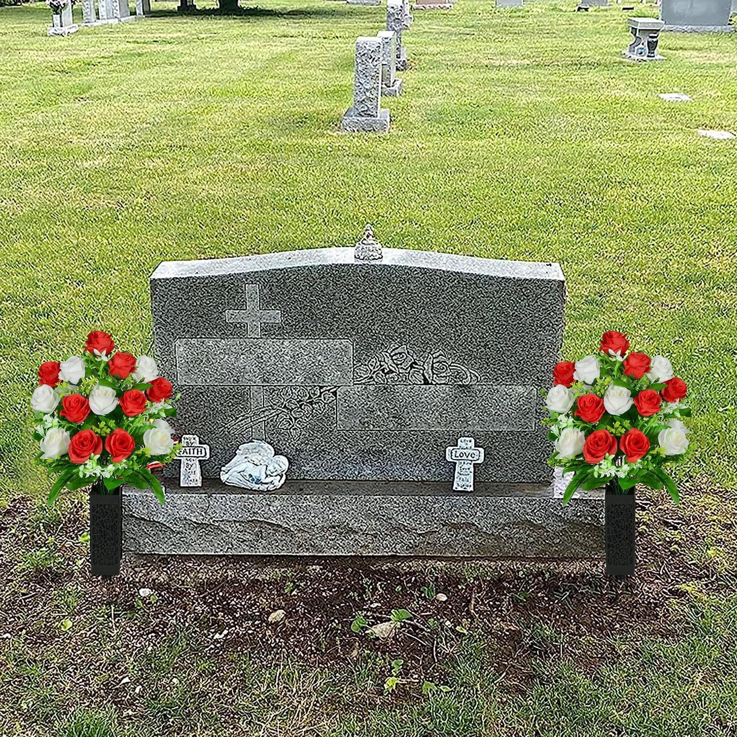 Artificial Cemetery Flowers, Grave Memorial Flowers with Vase, Artificial Rose Bouquet Decoration for Cemetery Headstones Gravesites, Set of 2 (Yellow), White