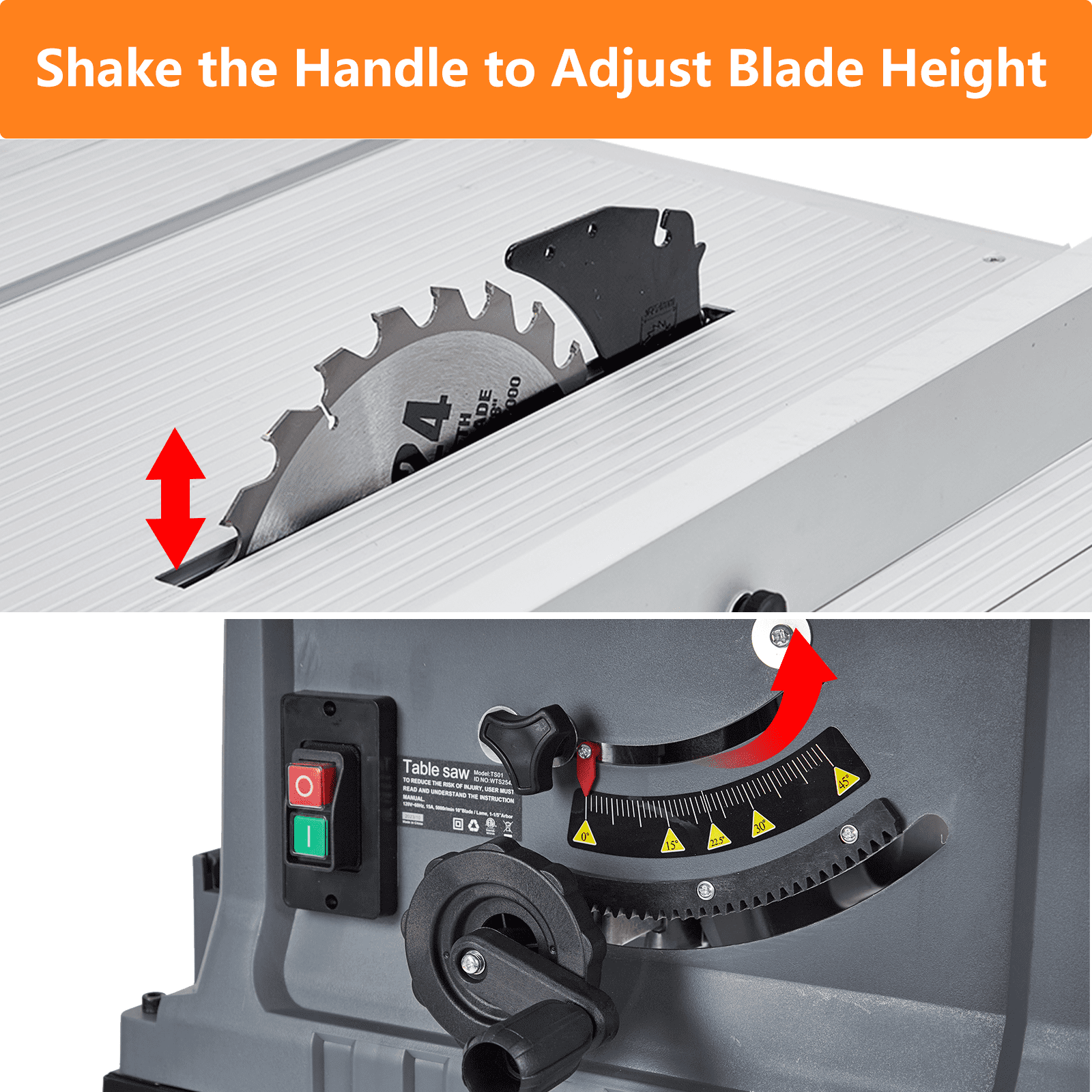 Kojooin 10-Inch 15a Multi-Purpose Table Saw with Stand and Push Bar, Capable Of 90° Crosscuts and 0-45° Miter Cuts, 5000 Rpm Speed, Adjustable Blade Height, Suitable for Woodworking