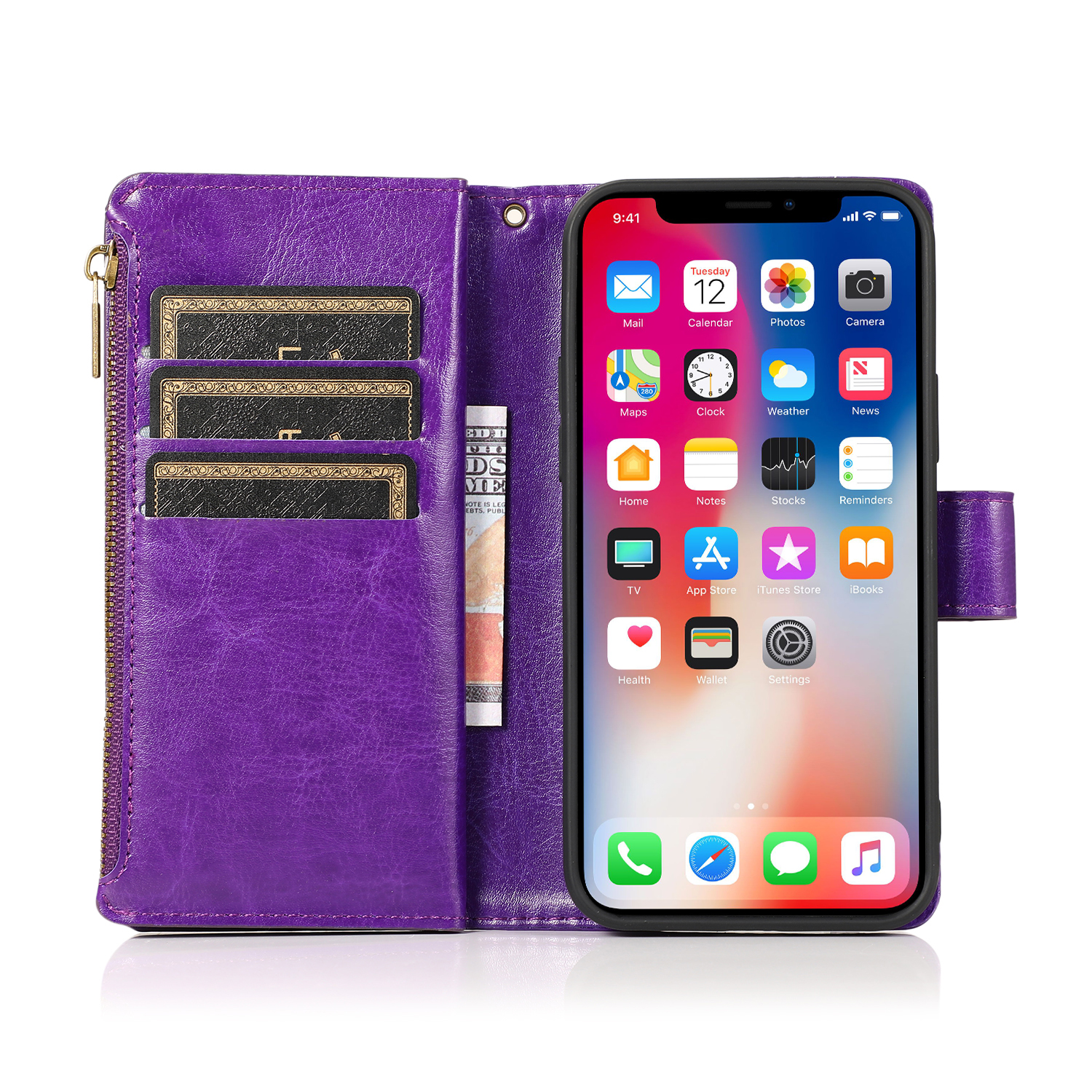 for Samsung Galaxy S21 Ultra (6.8") Leather Zipper Wallet Case 9 Credit Card Slots Cash Money Pocket Clutch Pouch Stand & Strap Cover ,Xpm Phone Case [Purple] - image 2 of 8