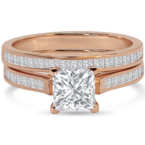 JeenMata Conjunto Nupcial de Moissanita de Corte Princesa de 2 Quilates - Conjunto Nupcial - Anillo con Engaste en Canal - Anillo Exclusivo - Oro Rosa de 18 K sobre Plata