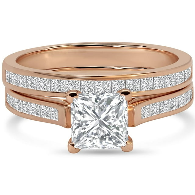 JeenMata Conjunto Nupcial de Moissanita de Corte Princesa de 2 Quilates - Conjunto Nupcial - Anillo con Engaste en Canal - Anillo Exclusivo - Oro Rosa de 18 K sobre Plata