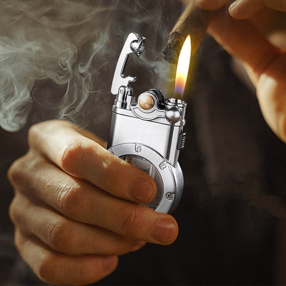 Cigar Lighter, Lighters Kerosene Antique Pocket Lighter Soft Flame Transparent Fuel Tank Rocker Arm Lighter for Collection-Decorative-Gift-Present
