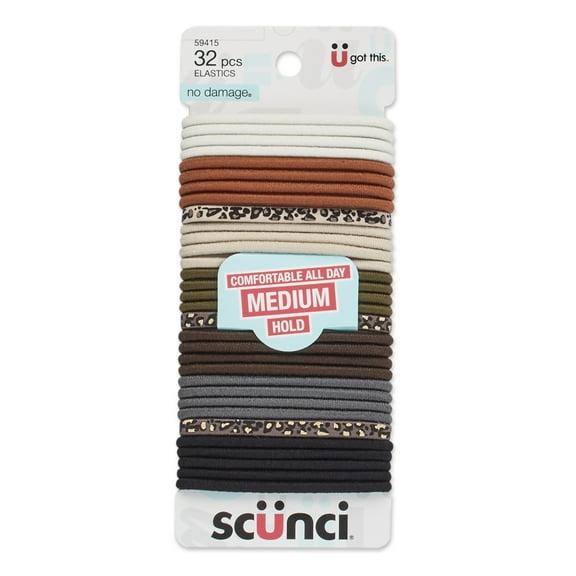Scunci No Damage Elastic Nylon Ponytail Holder Hair Ties, Neutral Colors and Animal Prints, 32 Ct