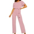thumbnail image 5 of Wyobmus Womens Loose Short Sleeve Jumpsuits Belted Wide Leg Pant Romper Jumpsuit Casual V Neck Fashion One Piece Outfits A-Pink, 5 of 9
