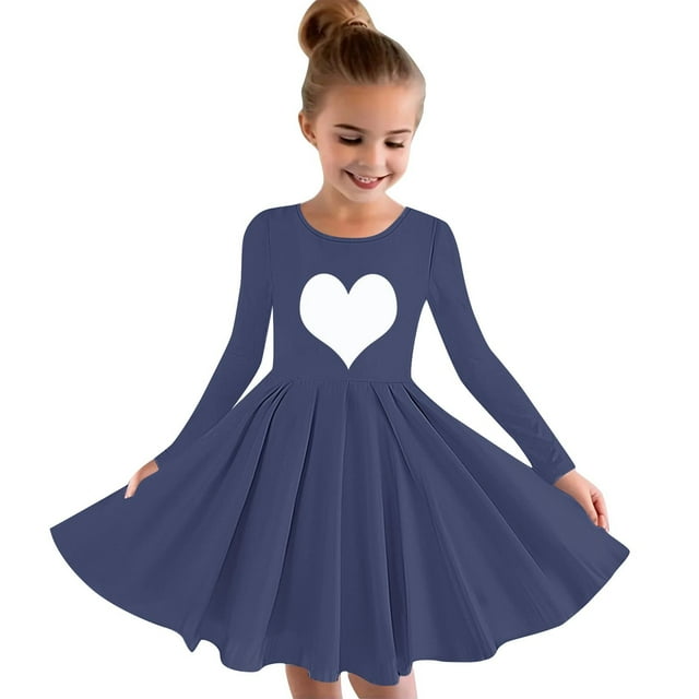Robes pour Bébés Filles Automne Décontracté Ligne A Manches Longues Couleur Unie Robe Plissée Marine 9 Ans