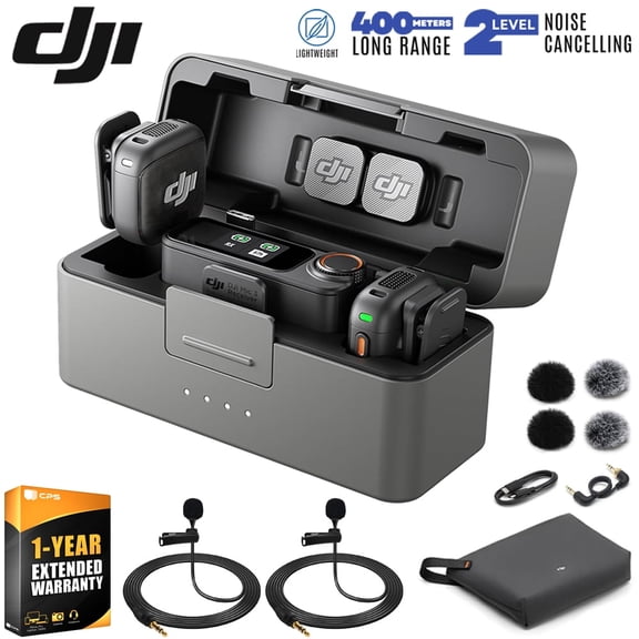 DJI Mic 3 (2 TX   1 RX   Charging Case) Advanced Mini Wireless Microphone CP.RN.00000480.01 Bundle with 1 YR CPS Extended Warranty, 2x Deco Essentials 3.5mm Clip-On Mini Lapel Mic