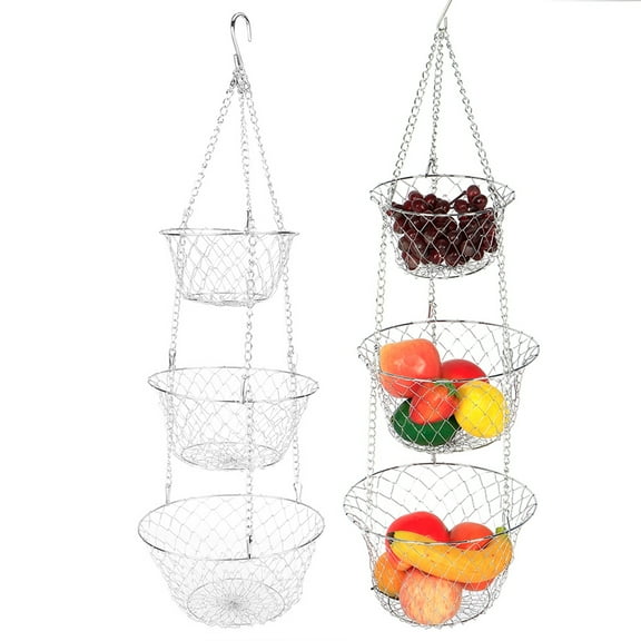 LHCER 3‑Tier Hanging Basket, Flower Basket Iron Wire Hanging Vegetable Storage Fruit Organizer Basket Kitchen Supplies
