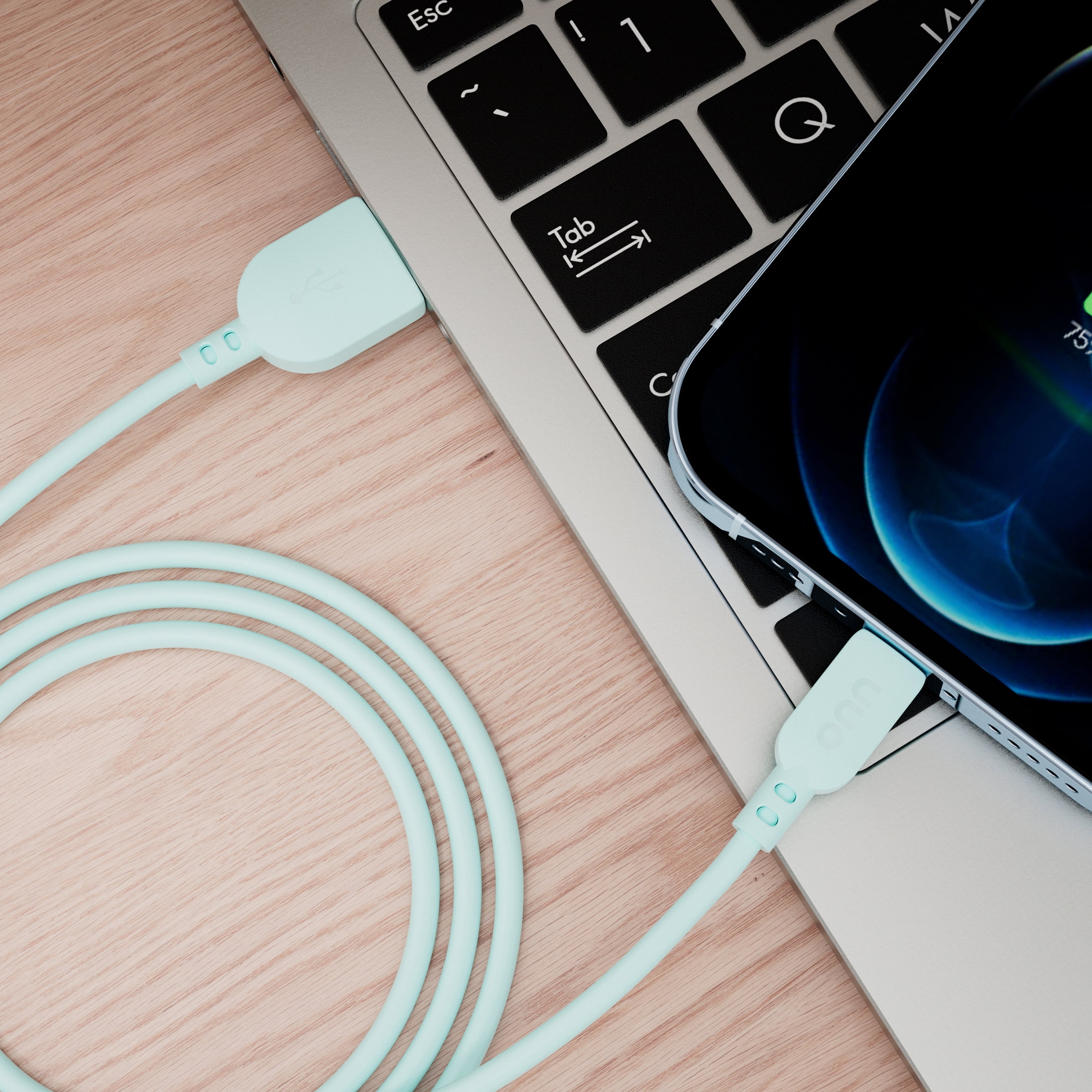 onn 3' Lightning to USB Charging and Data Cable, Aqua, 480 Mbps, Compatible with iPhone/iPad/iPod