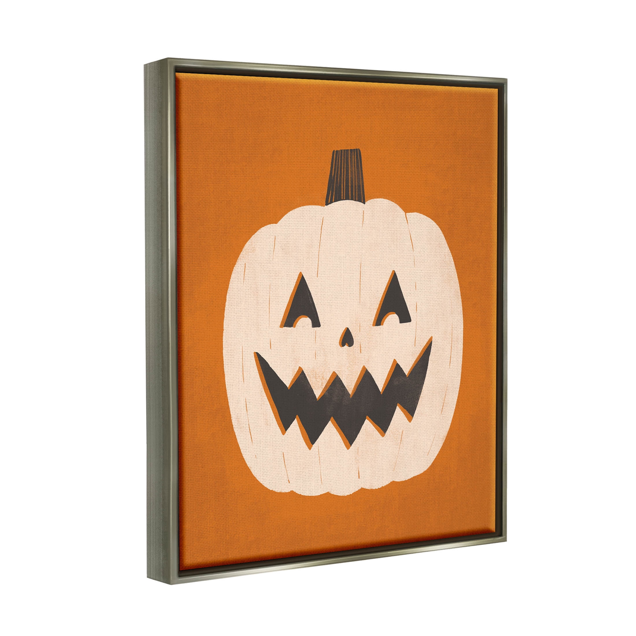 Stupell Industries Happy Jack-o-Lantern Halloween Pumpkin Graphic Art Luster Gray Floating Framed Canvas Print Wall Art, Design by Loni Harris