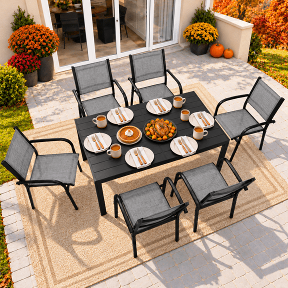 Outdoor Dining Table & Chairs, Patio Dining Sets with 6 Stackable Textilene Armchairs, All-Weather Plastic Furniture Dining Set Steel Frame and Wood Grain Top Table