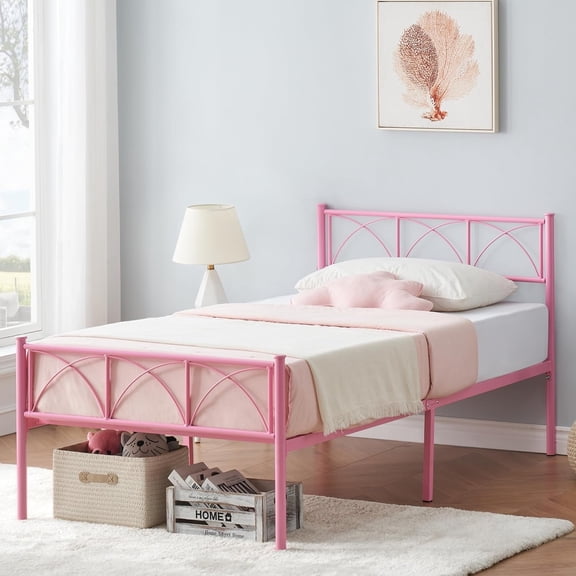Goldensoil Twin Size Bed Frame, with Headboard and Footboard, 77.6"x 39.8" x 35.1", Pink