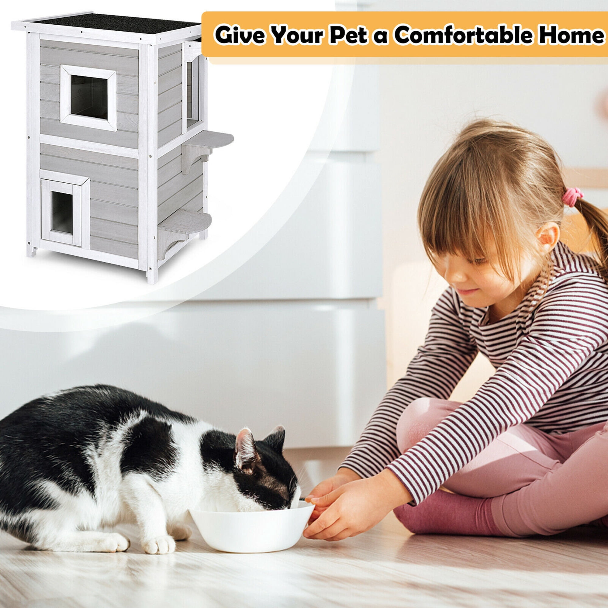 Gymax 2-Tier Wooden Cat House Outdoor Kitty Shelter w/ Escape Door Rainproof