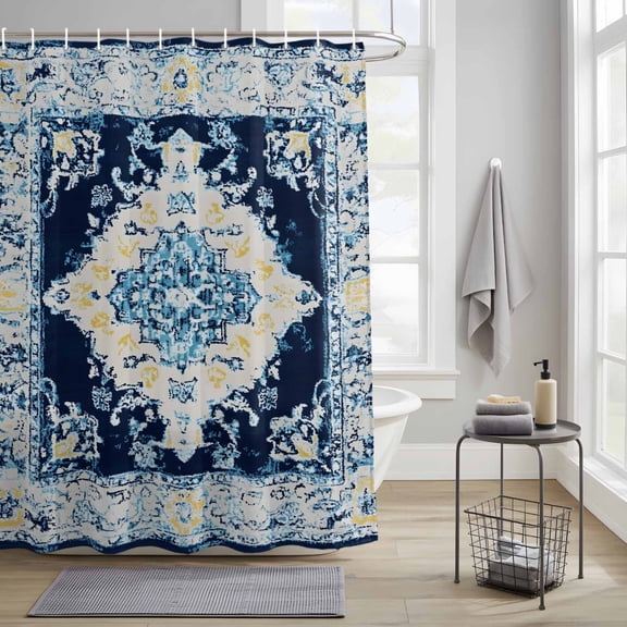 Bathroom Shower Curtain Abstract Ethnic Blue Totem Waterproof Shower Curtains with Hooks, Vintage Bohemian Floral Bath Curtains Bathtub Curtain Home Decor 36x72in