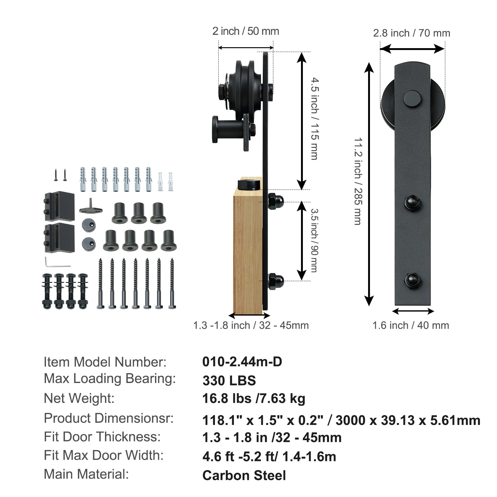 BENTISM 10 ft, 118.1'' x 1.5'' x 0.2'' Sliding Barn Door Hardware Kit