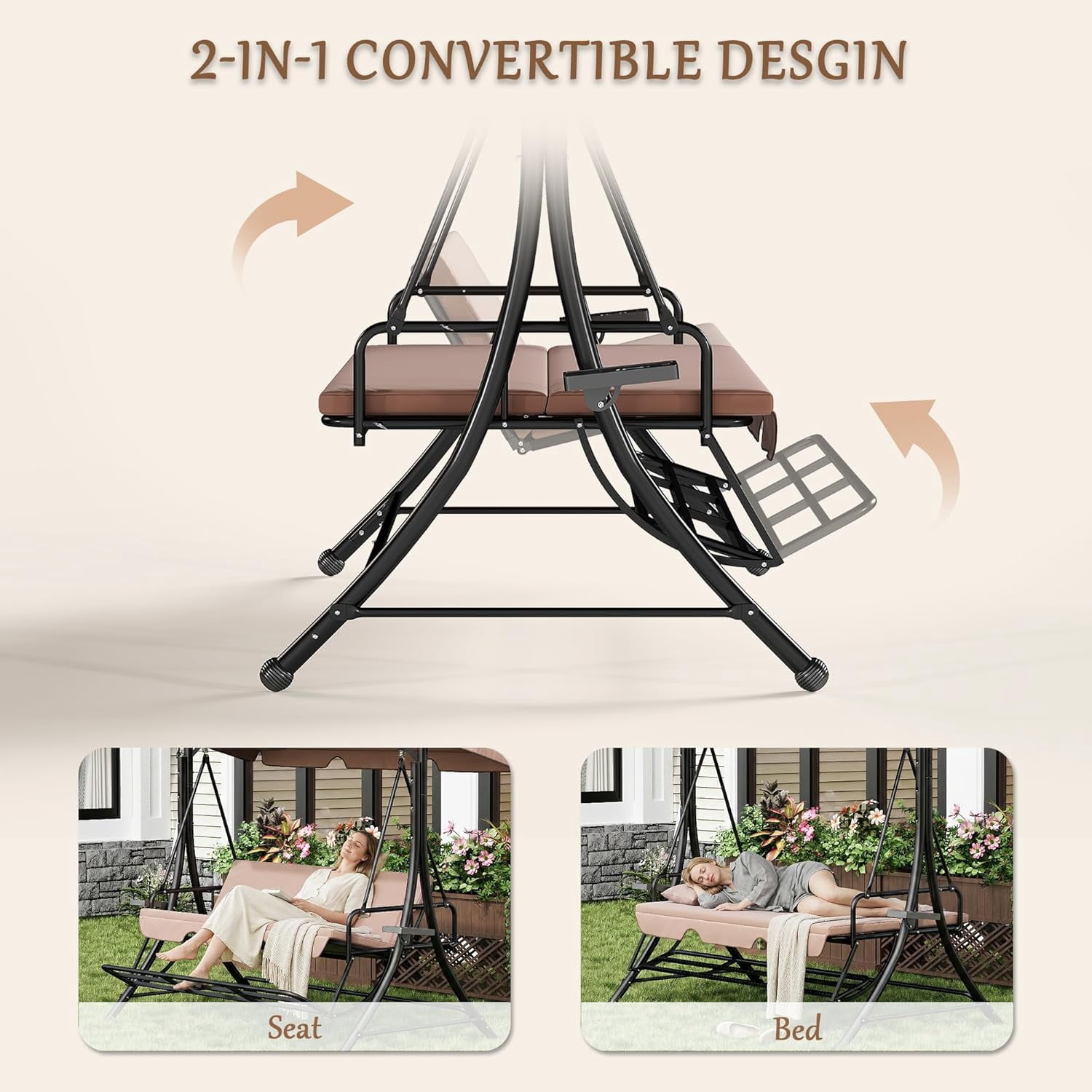 LAZZO 3-Seat Outdoor Porch Swing, Reclining Lounge Bed Convertible, Adjustable Canopy & Removable Cushions, Brown