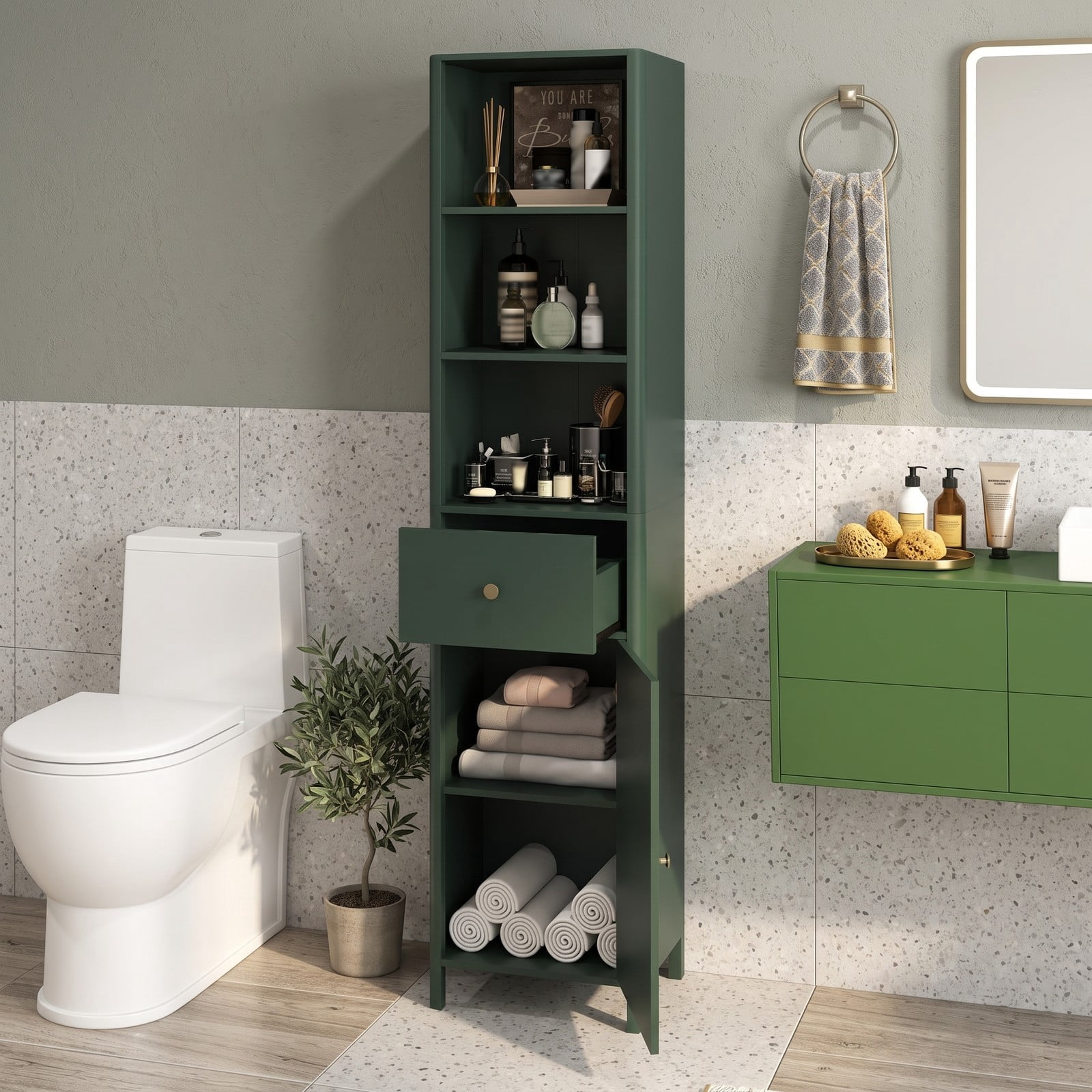 ALPULON 67 Inch Tall Narrow Bathroom Floor Cabinet Freestanding Storage Cabinet with Fluted Door, 3 Open Shelves, Adjustable Shelf and Pull-Out Drawer, Beige and Green