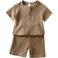 thumbnail image 4 of MYGBCPJS Conjunto de 2 piezas de ropa de lino y algodón sólido para niños y niñas, camiseta de manga corta + pantalones cortos de cintura elástica, 4 of 5