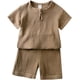 thumbnail image 4 of MYGBCPJS Conjunto de 2 piezas de ropa de lino y algodón sólido para niños y niñas, camiseta de manga corta + pantalones cortos de cintura elástica, 4 of 5