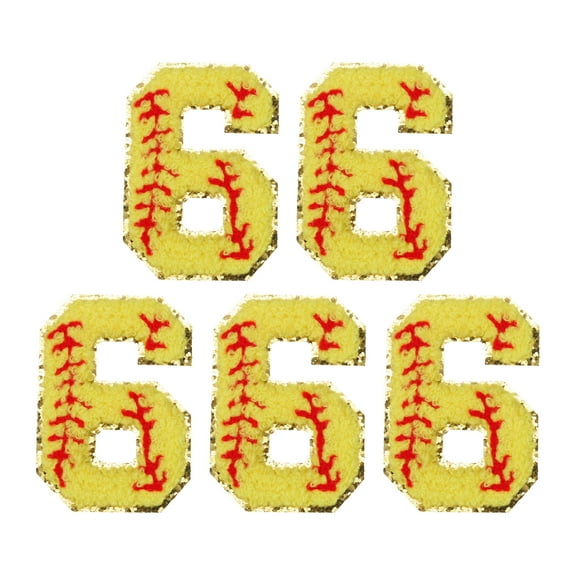 5 Pcs Baseball Number Patches Iron on, 2.83"x1.97" Chenille Number 6 Patches Golden Glitter Embroidered (Yellow)