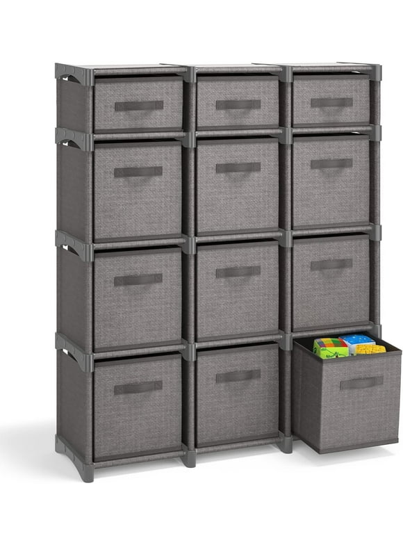 12 Cube Storage Organizer - Black Cube Organizer Shelf, Storage Cubes Organizer Shelves with Fabric Storage Cubes, Sturdy Cubbies Storage Shelves, Cube Storage Shelf for Bedroom, Playroom and More