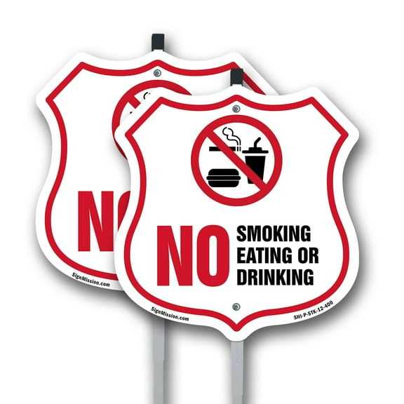 No Smoking Shield Sign No Smoking Eating Or Drinking (2 Pack) 12 inch X 12 inch Shield Shaped Rust-Free Aluminum Metal Signs with Aluminum Mounting Stakes Weather Resistant, UV