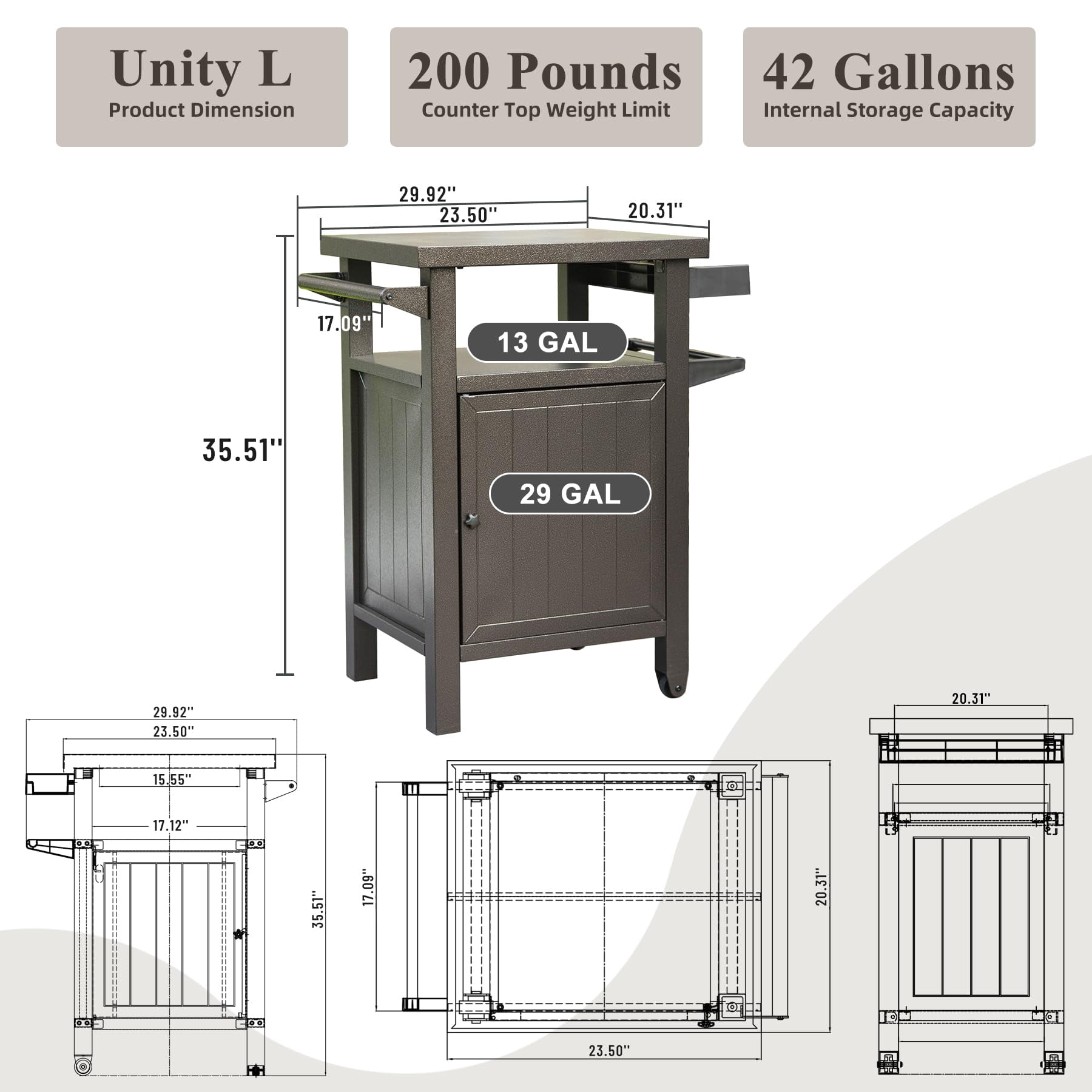 Grill Carts Outdoor with Storage and Wheels, Whole Metal Portable Table and Storage Cabinet for BBQ, Deck, Patio, Backyard