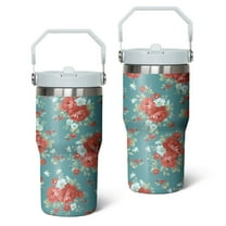 20oz Pioneer Colorful Floral Stainless Steel Flip Straw Tumbler with Lid and Straw Spill Proof Travel Cup Double Wall Vacuum Insulated Coffee Mug with Top Handled White