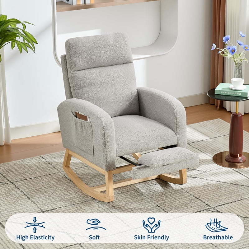 Towallmark Nursery Rocking Chair, Sherpa Upholstered Glider Rocker with Retractable Footrest, High Backrest Accent Chair for Breastfeeding Reading, Compact for Bedroom Living Room Apartments, Grey
