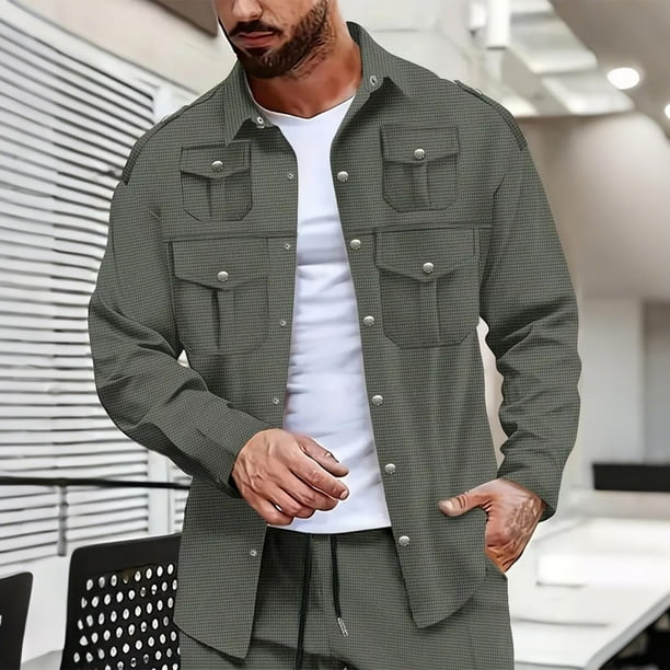 pstuiky manga larga de hombre, Chaqueta tipo cárdigan de manga larga con solapa y botones, color liso, para hombre, con múltiples bolsillos salir tops xxxl