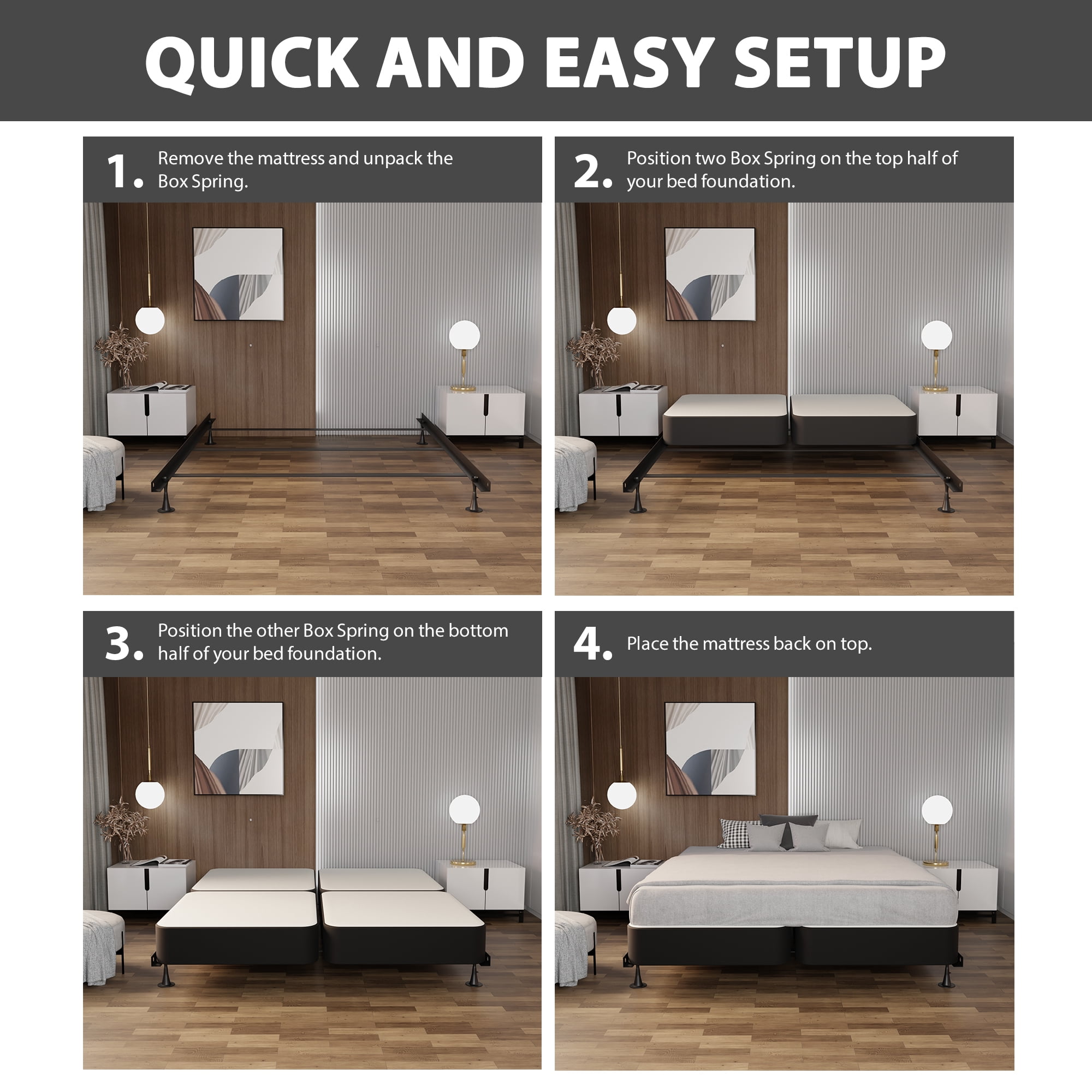 Continental Sleep, Box Spring Bed Base California King(Fold) Size, 8-Inch Wood Mattress Foundation, Quiet Noise Free, 4-Pieces Under Mattress Support BoxSpring, Fully Assembled, Black